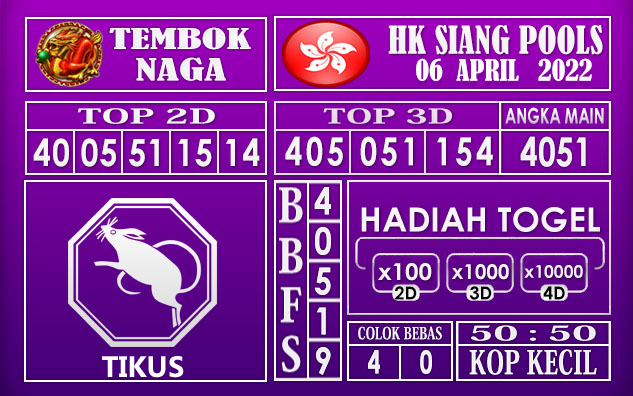 Prediksi Togel Hk siang hari ini 06 April 2022